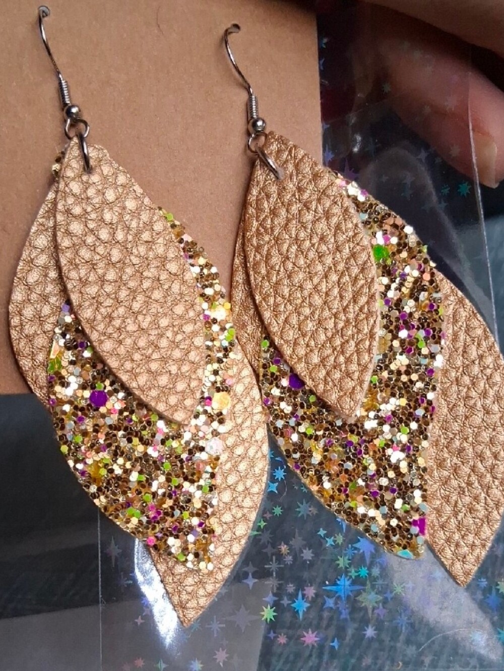 $8 Each Or Bundle 5/$20 Gold Glitter Leather Layered Leaf Earrings